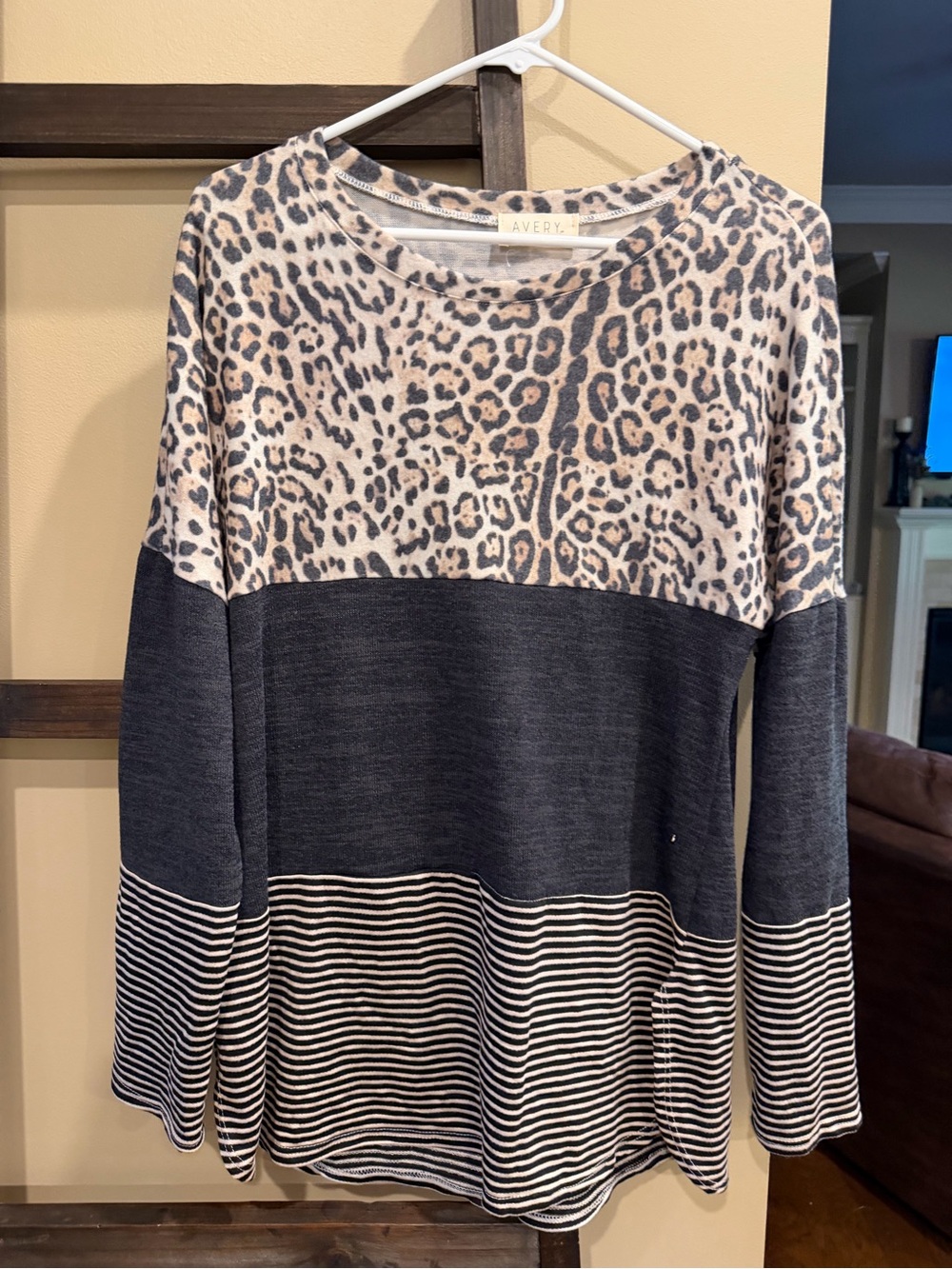 Avery Mixed-Print Long Sleeve Top in Navy, Cream, and Beige